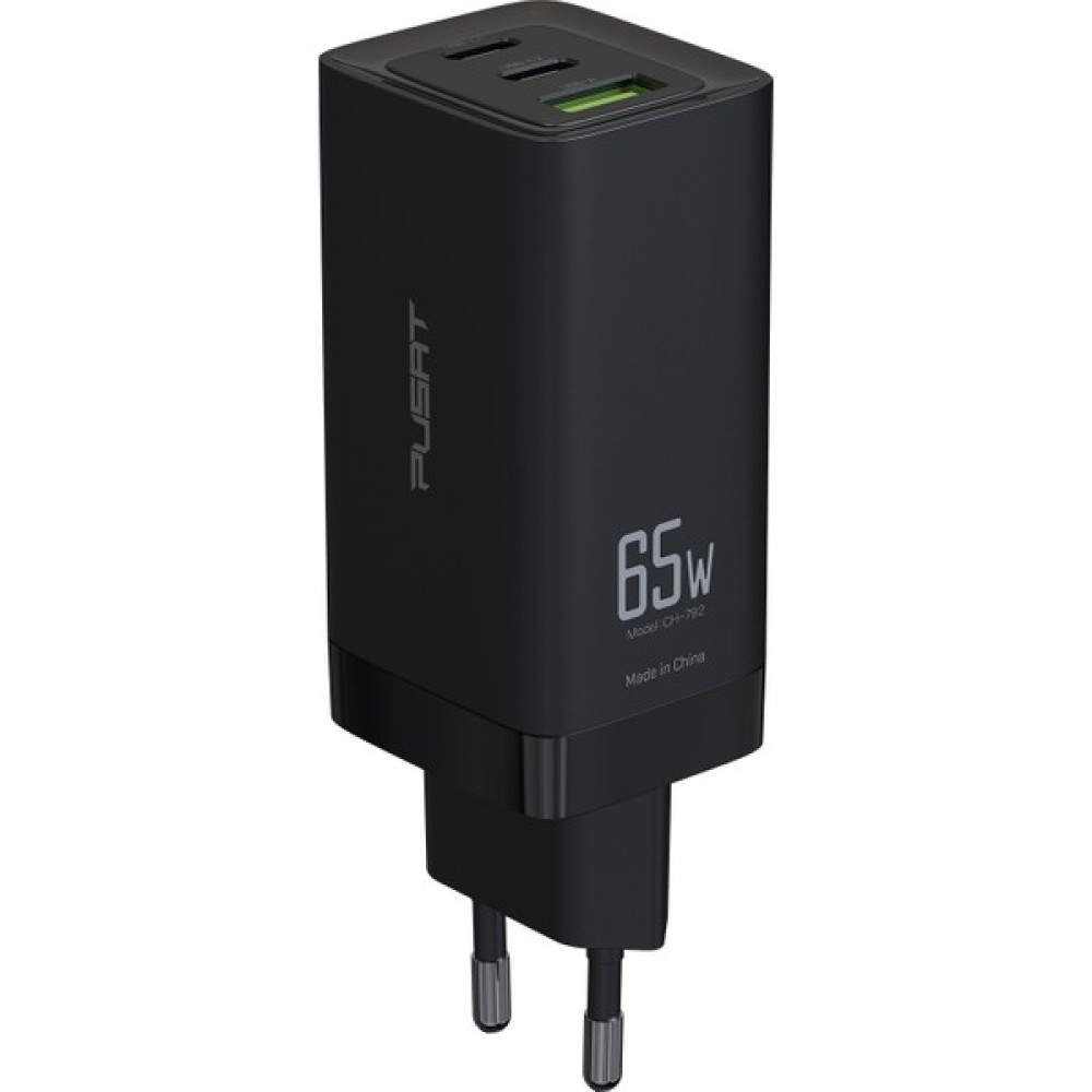 Pusat GaN PD 65W ( 2x Type-C ve 1x USB) Hızlı Şarj Adaptörü - Siyah Cep Telefonu Şarj Cihazı Fiyatı