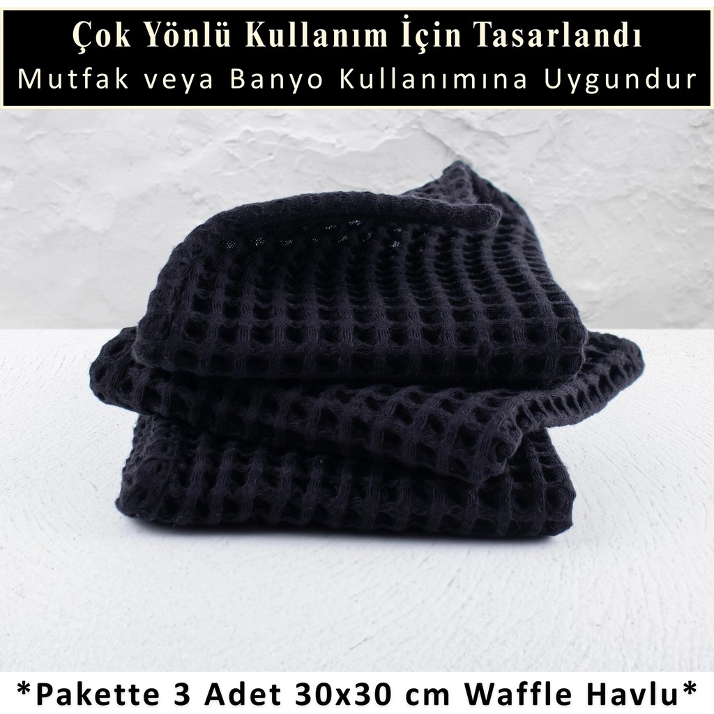 Püskül Mutfak Havlusu 3 Adet 100% Pamuk 30 x 30 cm Süper Emici Waffle Dokuma Modern Tasarım - Siyah El / Yüz Havlusu Fiyatı