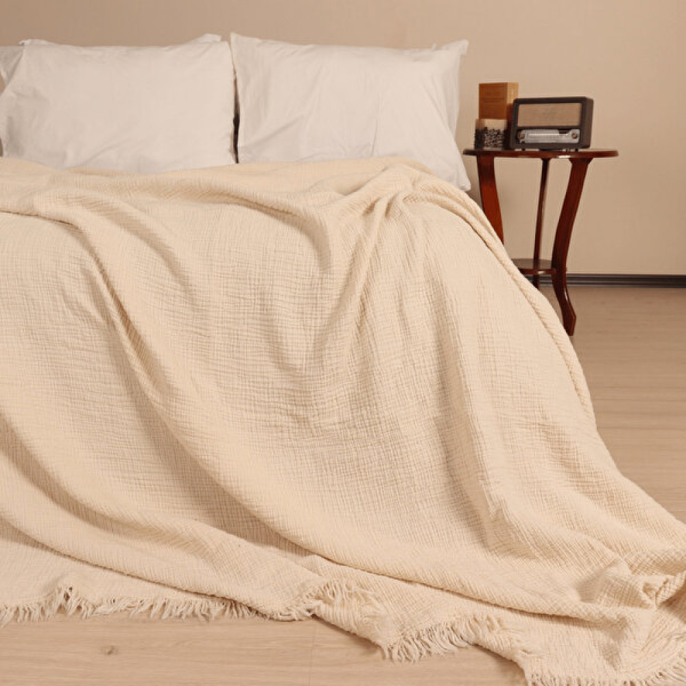 Püskül Tekstil Müslin Yatak Örtüsü, Müslin Çift Kişilik Pike, 4 Kat Müslin Kumaşı, Lüks, Kaliteli, Ekstra Yumuşak Müslin-Yat-Ort - 240 x 260 cm - Krem Yatak Örtüsü Fiyatı