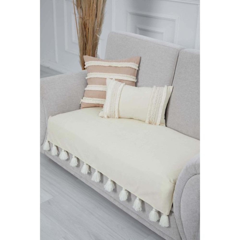 Püsküllü Ikili Koltuk Örtüsü 90 x 155,KO-19IK - Ekru - 90 x 155 cm Koltuk & Kanepe Örtüsü Fiyatı