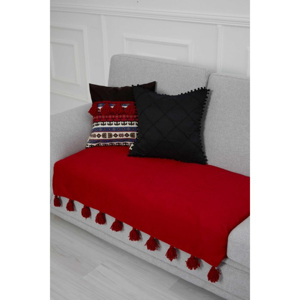 Püsküllü Ikili Koltuk Örtüsü 90 x 155,KO-19IK - Kırmızı - 90 x 155 cm Koltuk & Kanepe Örtüsü Fiyatı