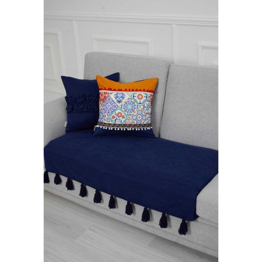 Püsküllü Ikili Koltuk Örtüsü 90 x 155,KO-19IK - Mavi - 90 x 155 cm Koltuk & Kanepe Örtüsü Fiyatı