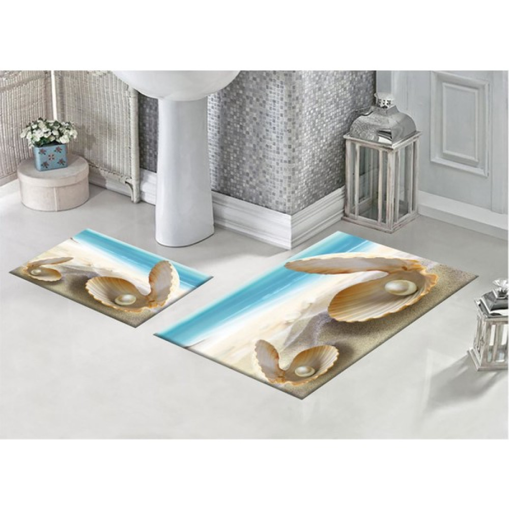 Pusula Home Midye ve Inci Tanesi 3D Desenli Dijital Baskılı Banyo Paspası - 40 x 60 cm - 60 x 90 cm Klozet Takımı Fiyatı