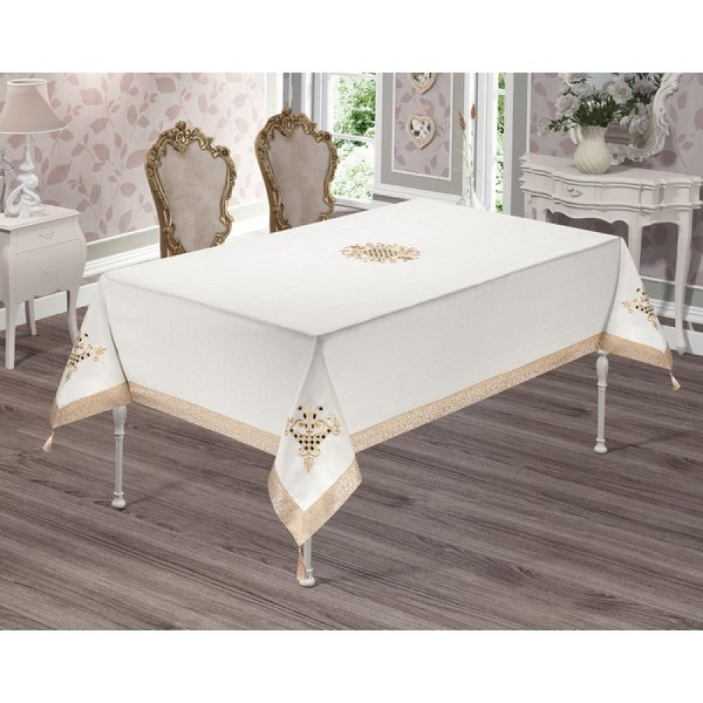 Pusula Home Nakışlı Gold Kolay Temizlenebilir Leke Tutmaz Dertsiz Masa Örtüsü - 160 x 220 cm - Beyaz - Gold Masa Örtüsü Fiyatı