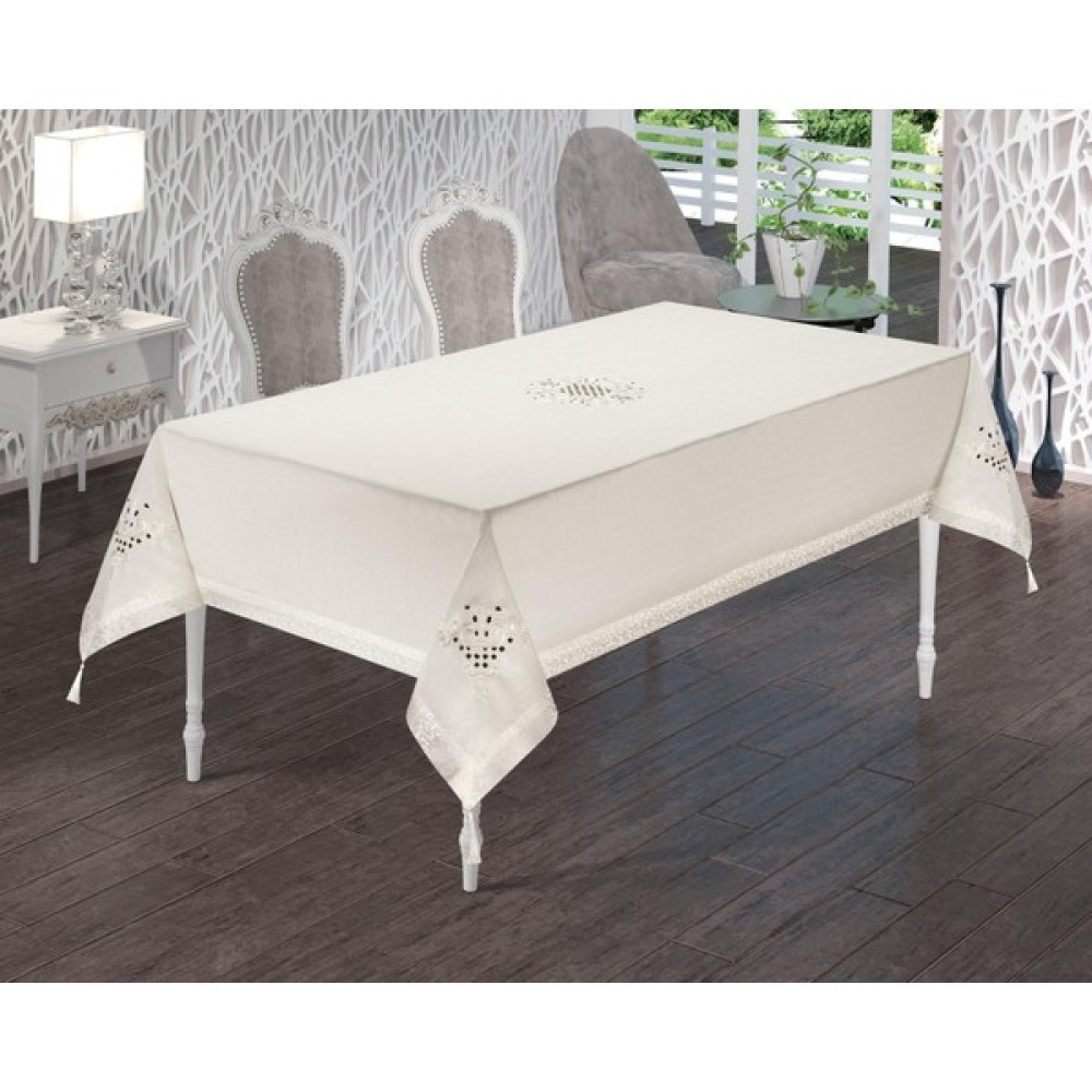 Pusula Home Nakışlı Krem Kolay Temizlenebilir Leke Tutmaz Dertsiz Masa Örtüsü - 160 x 220 cm - Beyaz - Gri Masa Örtüsü Fiyatı
