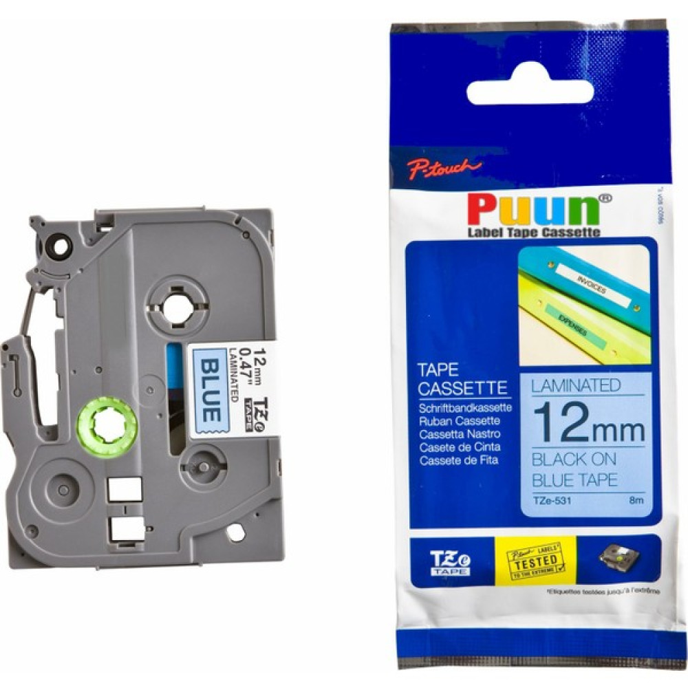 Puun Brother P-Touch TZE-531 12MM x 8m Mavi Üzerine Siyah Muadil Laminasyon Etiket Şeridi Etiket Makinesi Fiyatı