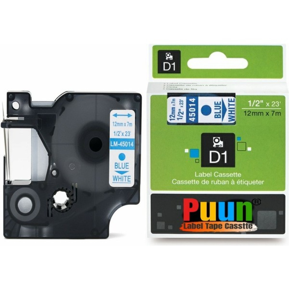 Puun Dymo Labelmanager Serisi Elektronik Etiketleme Makinesi D1 45014 S0720540 12MM x 7 Mt. Muadil Beyaz Etikete Mavi Yazı Şerit Etiket Kaseti Etiket Makinesi Fiyatı