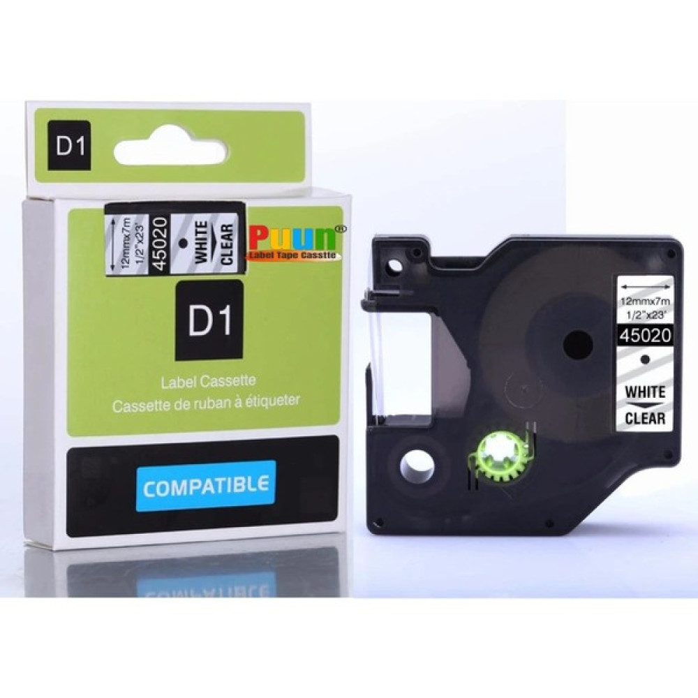 Puun Dymo Labelmanager Serisi Elektronik Etiketleme Makinesi D1 45020 S0720600 12MM x 7 Mt. Muadil Şeffaf Etikete Beyaz Yazı Şerit Etiket Kaseti Etiket Makinesi Fiyatı