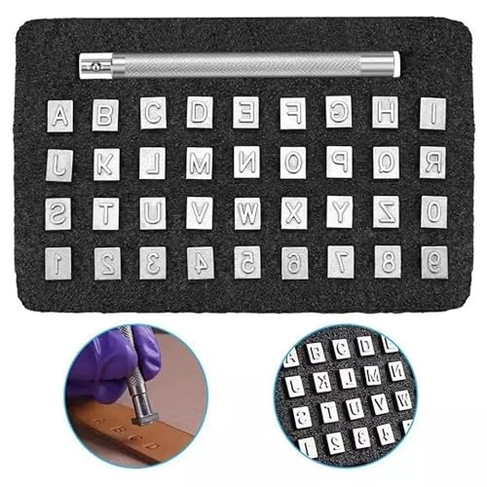 PXBBZDQ Leather Stamps for Leather Working 37 PCS Leather Stamping Kit Contains 10 Numbers and 26 Letters 1/4”