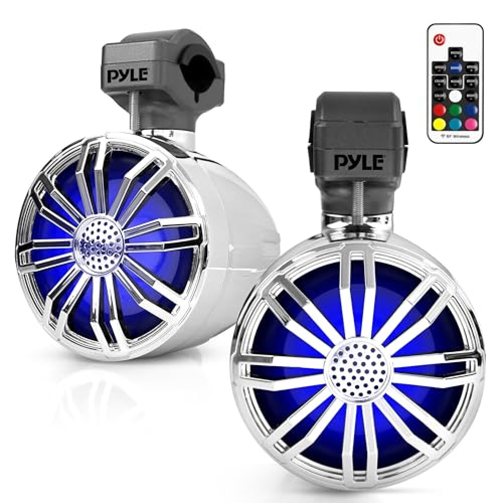 Pyle 3.5’’ Bluetooth Motorcycle Speakers, 2 Pc Waterproof Speaker System with RGB Lights & Remote Control, Bike Bluetooth Speakers for Motorcycle, Car, Boat, ATV, IP-X5 Rated (Chrome)