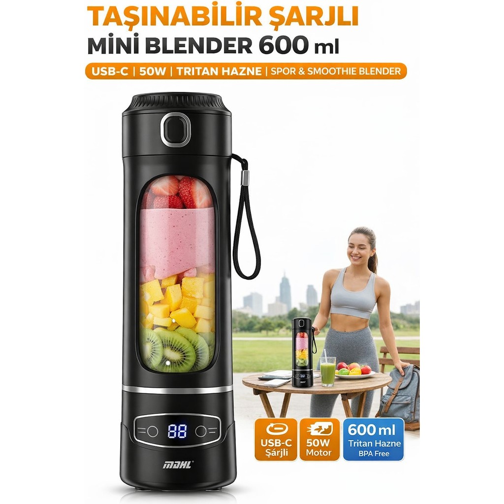 Qasul 12 Bıçaklı 304 Paslanmaz Çelik Taşınabilir Şarjlı Mini Blender 600 ml Çok Amaçlı Smoothie Blender - Siyah Blenderler Fiyatı