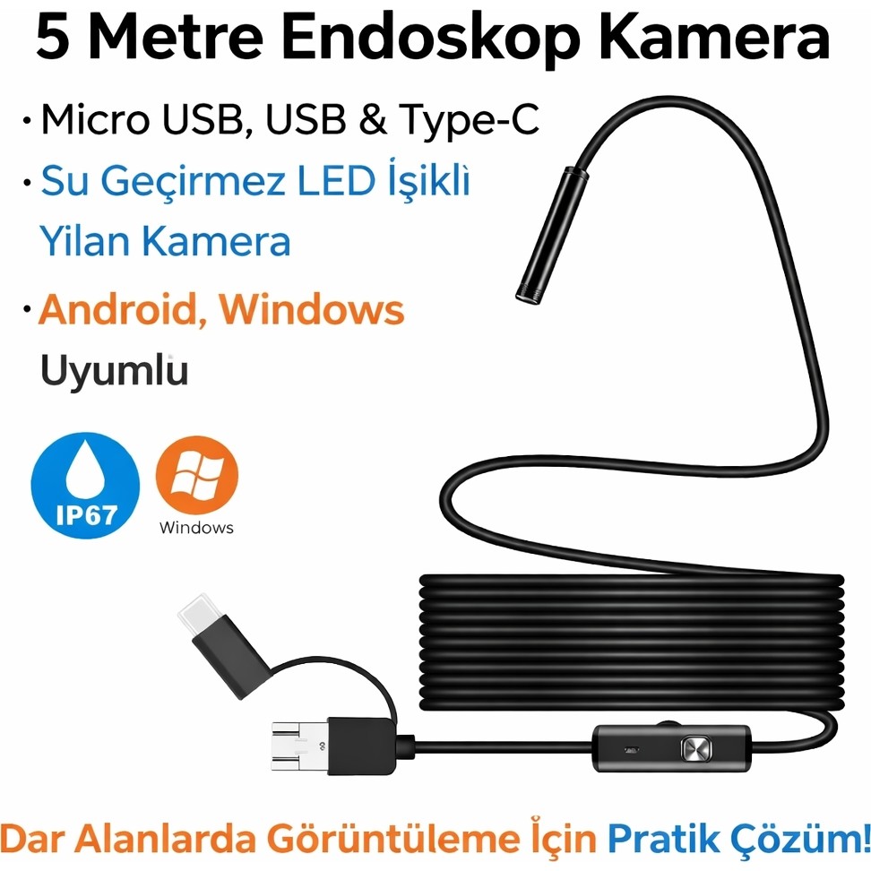 Qasul 5 Metre Endoskop Kamera Su Geçirmez LED Işıklı Boroskop Yılan Kamera Android Uyumlu Micro+Usb+Type-C - Siyah Bilgisayar Çevirici ve Adaptörü Fiyatı