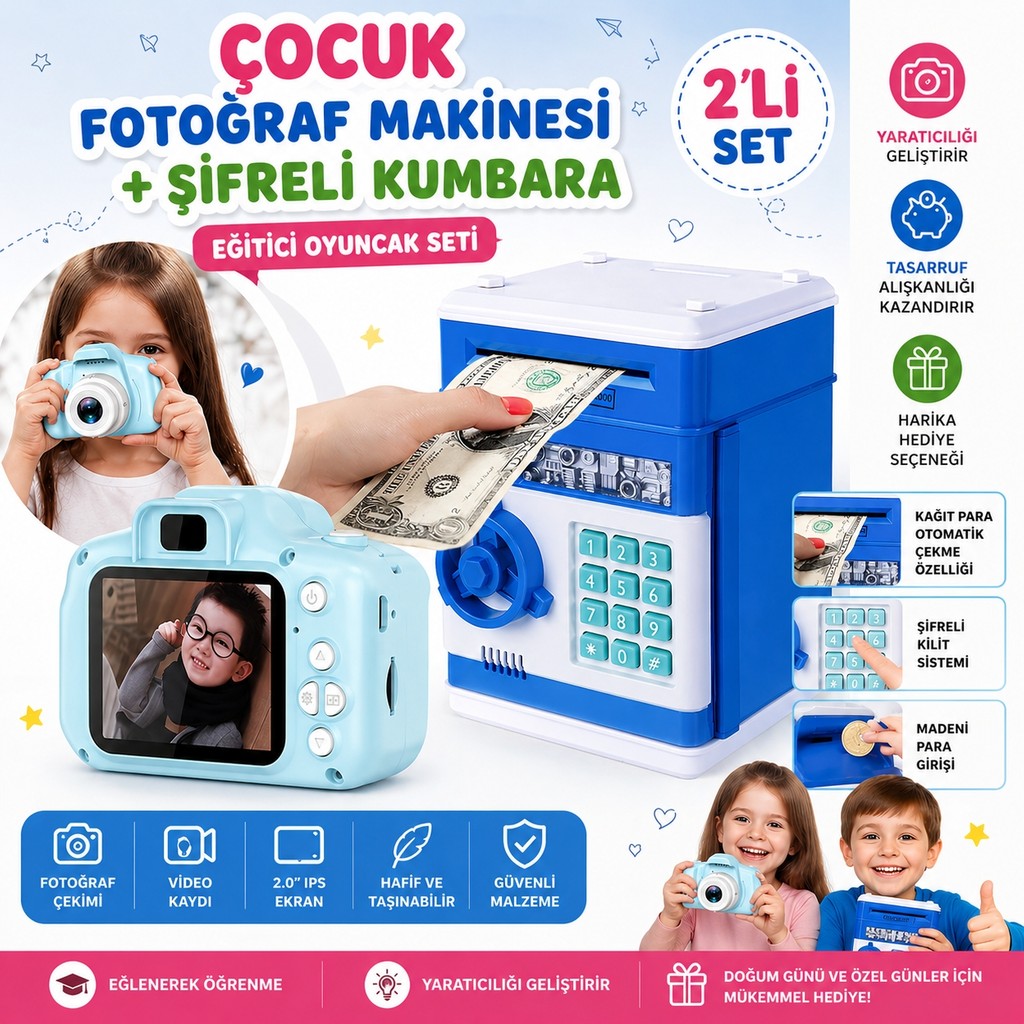Qasul Çocuk Dijital Fotoğraf Makinesi + Şifreli Elektronik Kumbara Seti Eğitici Oyuncak Para Biriktirme & Fotoğraf Çekme - Mavi Anne Bebek Oyuncak Fiyatı