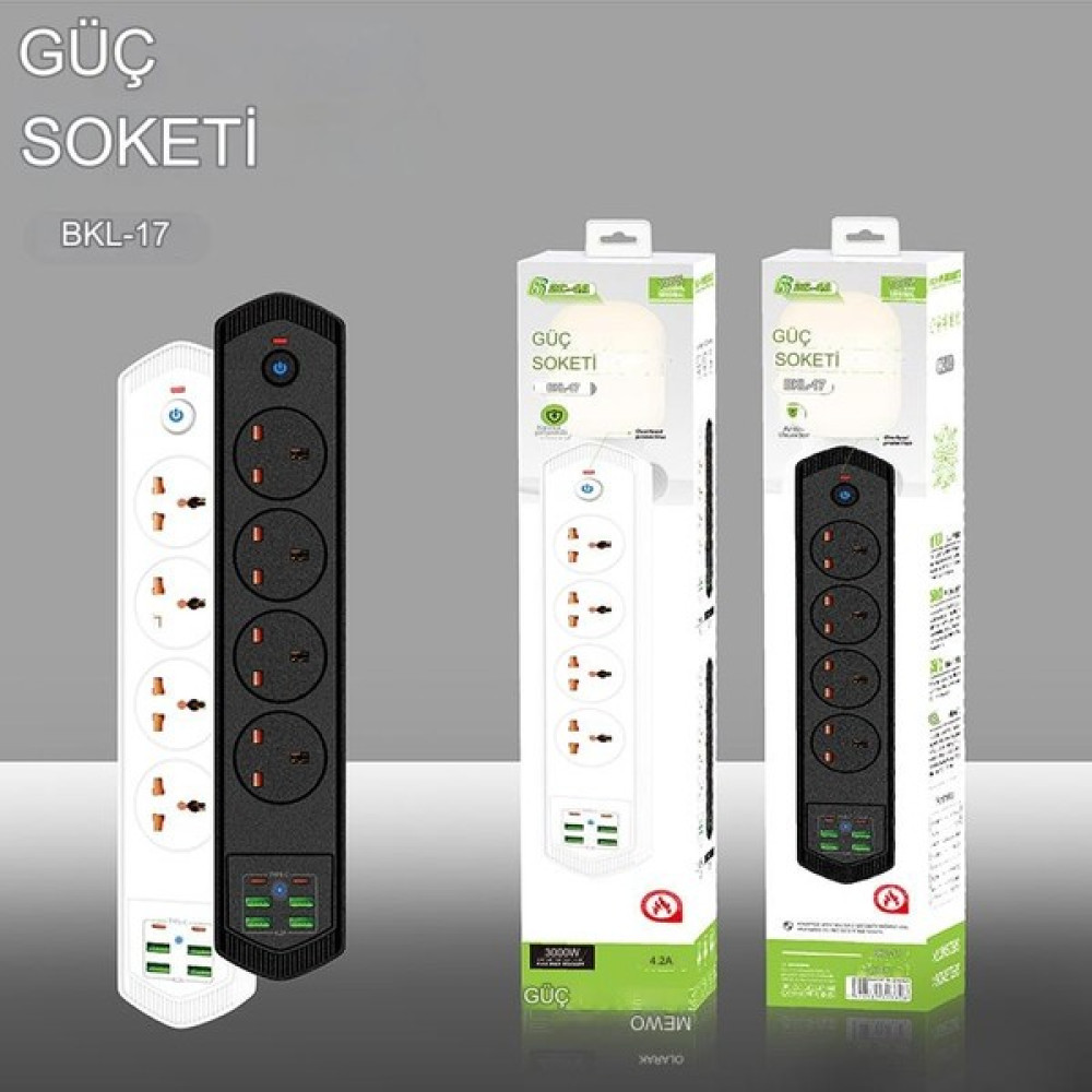 Qasul Isıya Dayanıklı Akım Korumalı 3000W Kapasiteli 10 Girişli 4 USB 2 Typ-C 4 Priz Girişli 2 Metre Kablo Uzunluklu Uzatma Gurup Priz - Siyah - Beyaz Prizler Fiyatı