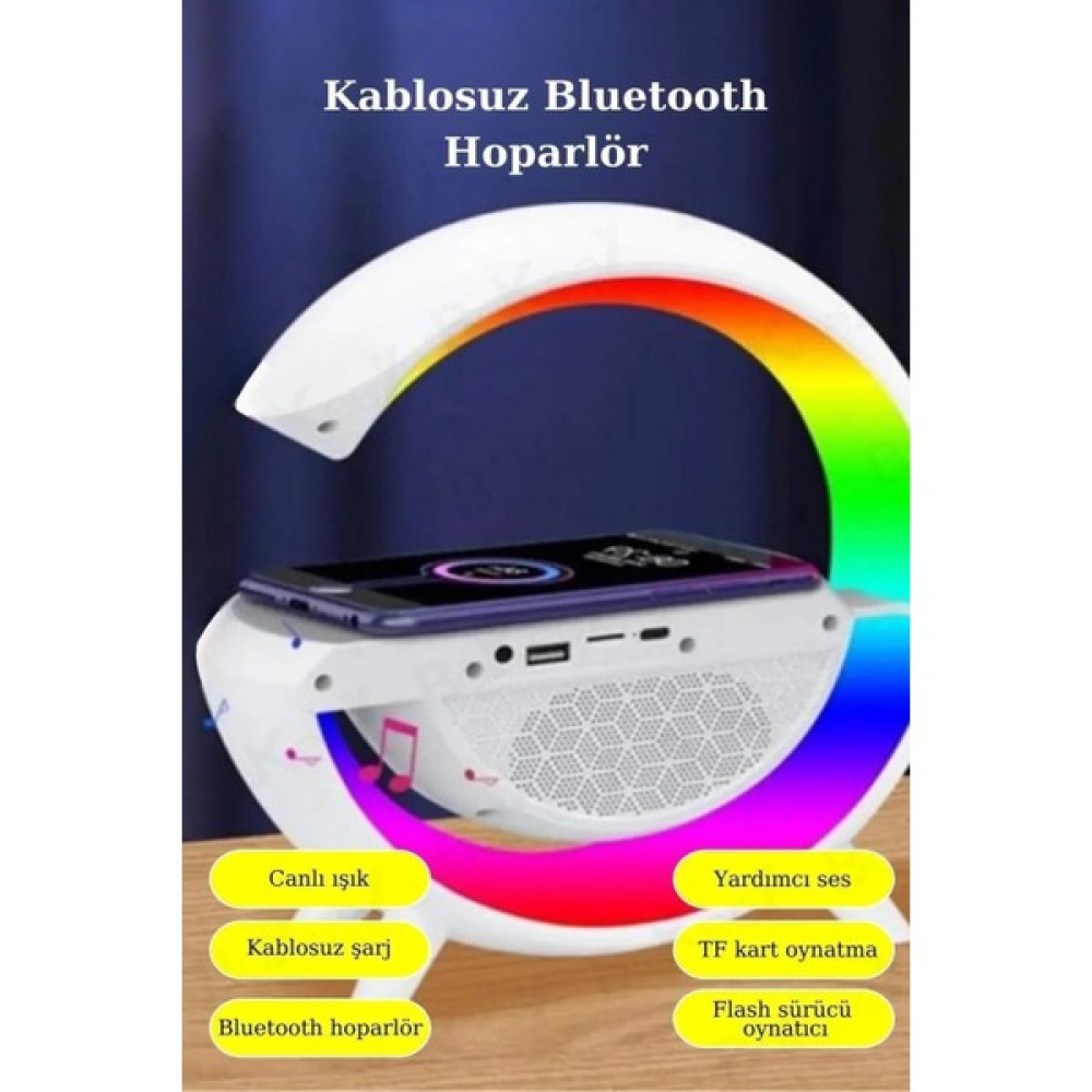Qasul Kablosuz Şarj Aleti Masa Lambası Bluetooth Hoparlör Speaker Gece Lambası LED G Lamba - Beyaz Bluetooth Hoparlör Fiyatı