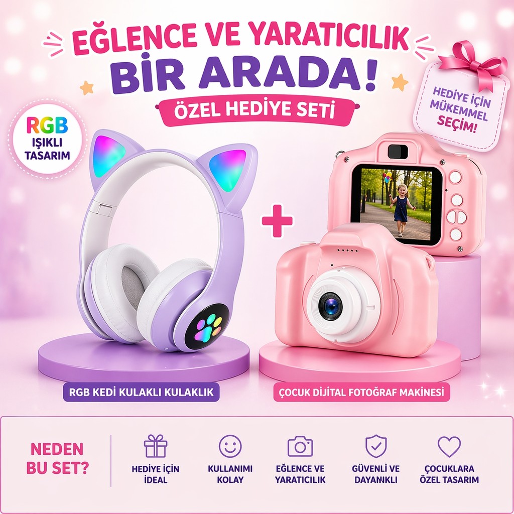 Qasul Rgb Işıklı Kedi Kulaklı Bluetooth Kulaklık + Çocuk Dijital Fotoğraf Makinesi Hediye Seti - Pembe - Mor Bluetooth Kulaklık Fiyatı
