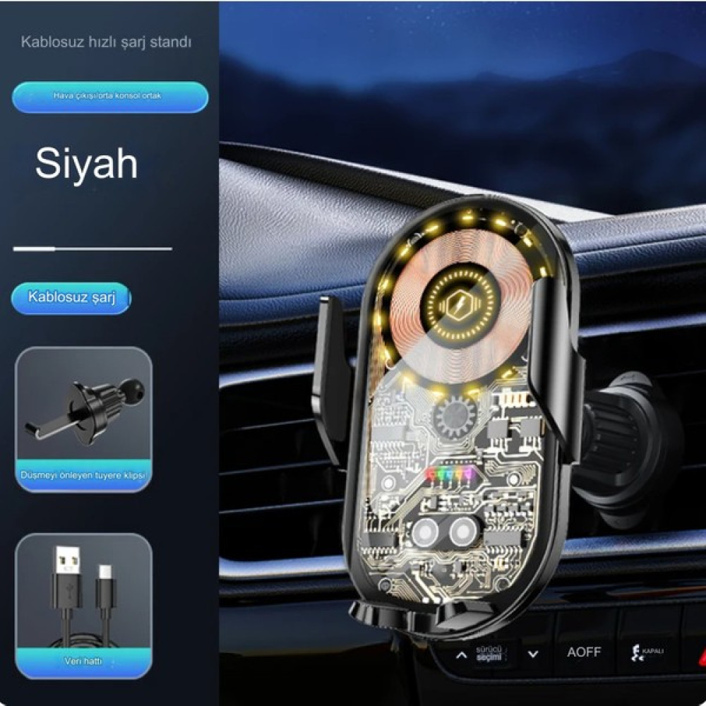 Qasul Yeni Nesil Akıllı Araç Içi Telefon Telefon Tutucu Şık Tasarımlı 15W Hızlı Şarj Özellikli Bütün Model Cihazlar Temassız Şarj Eder - Siyah Cep Telefonu Tutucu Fiyatı