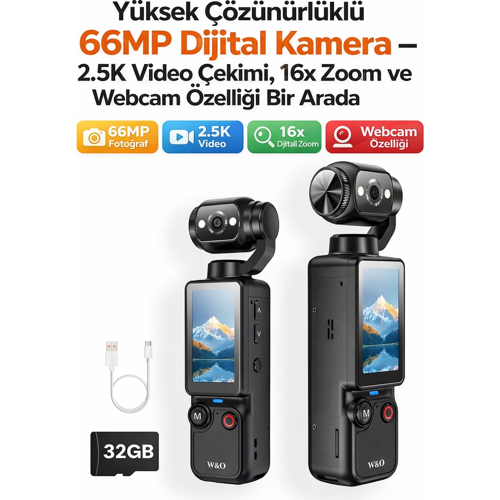 Qasul Yüksek Çözünürlüklü 66MP Dijital Kamera 2.5k Video Çekimi, 16X Zoom ve Webcam Özelikli Taşınabilir Web Kameraları Fiyatı