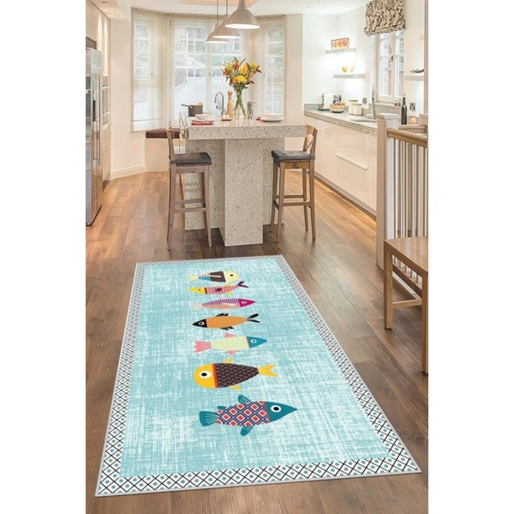 Qatalina Dijital Baskı Yıkanabilir Kaymaz Taban Mutfak Halısı Çocuk Halısı - Turkuaz - 60 x 100 cm Salon Halısı Fiyatı