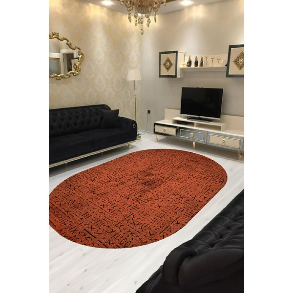 Qatalina Dijital Baskılı Makinada Yıkanabilir Oval Salon Halısı Mutfak Halısı Yolluk Halısı - ESTA1813-2,ESTA1813 - 40 x 60 cm - Kiremit Salon Halısı Fiyatı