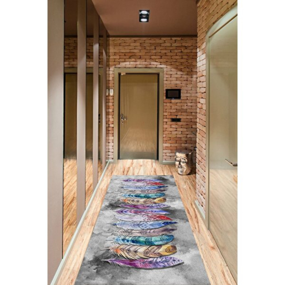 Qatalina Dijital Baskılı Yıkanabilir Gri Zeminli Renkli Tüy Desenli Yolluk ve Halı - 80 x 100 cm Salon Halısı Fiyatı