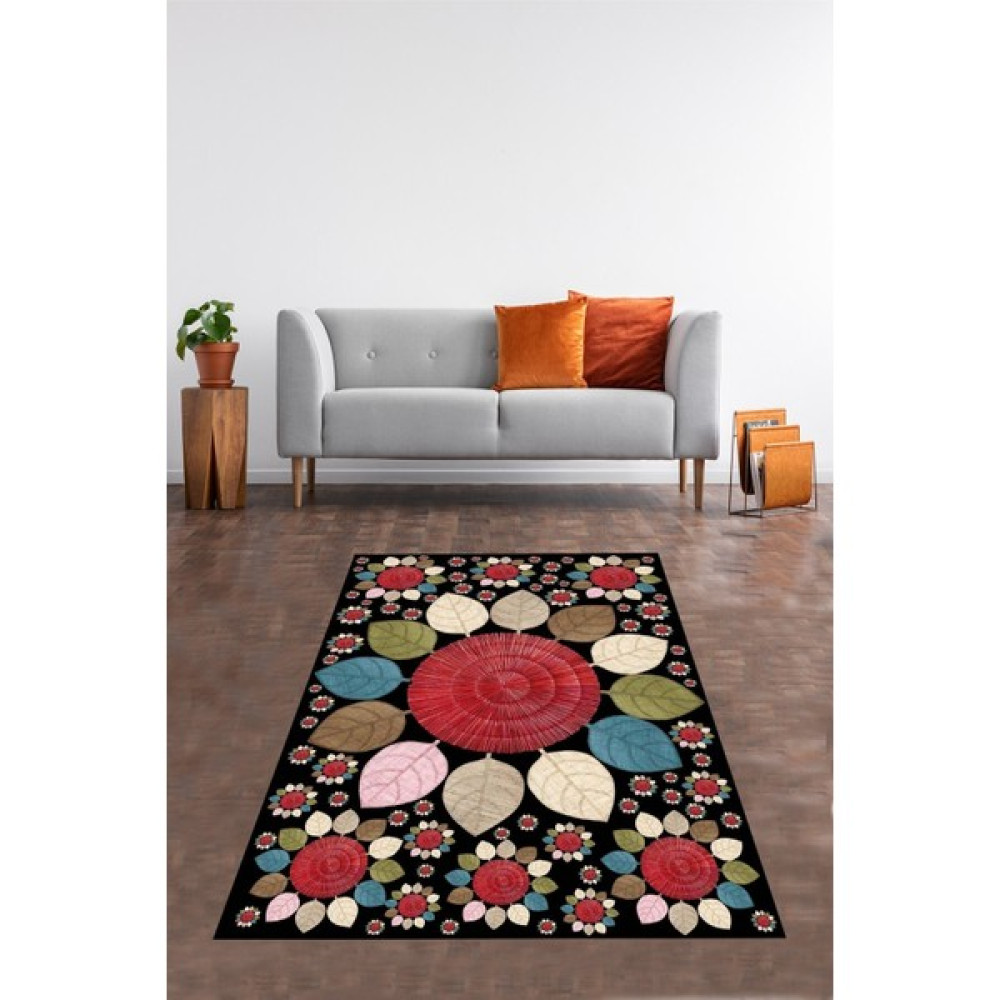 Qatalina Jüt Hasır Kilim Görünümlü Dijital Baskılı Kaymaz Taban Yıkanabilir Modern Salon Halısı ve Yolluk - Siyah - 80 x 50 cm Salon Halısı Fiyatı