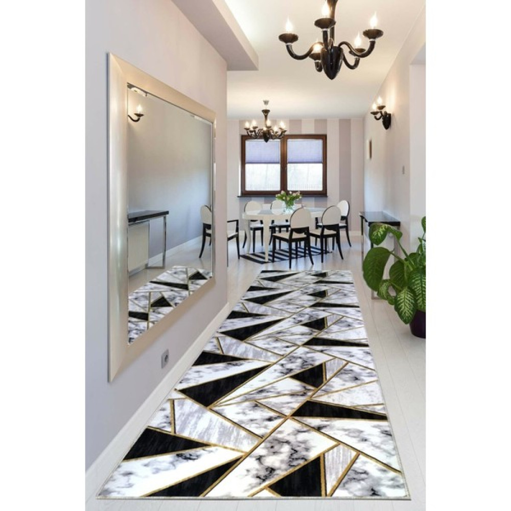 Qatalina Kaymaz Tabanlı Kesme Halı Yolluk Piramit 1004 Siyah GOLD,QATPXEL1004SYH - 100 x 525 cm - Beyaz - Siyah Salon Halısı Fiyatı