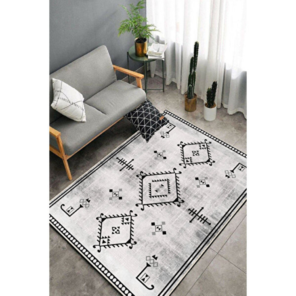 Qatalina Kilim Desenli Dijital Baskı Yıkanabilir Kaymaz Taban Ince Salon Halısı Mutfak Halısı ve YOLLUK,3457 - 80 x 150 cm - Gri Salon Halısı Fiyatı
