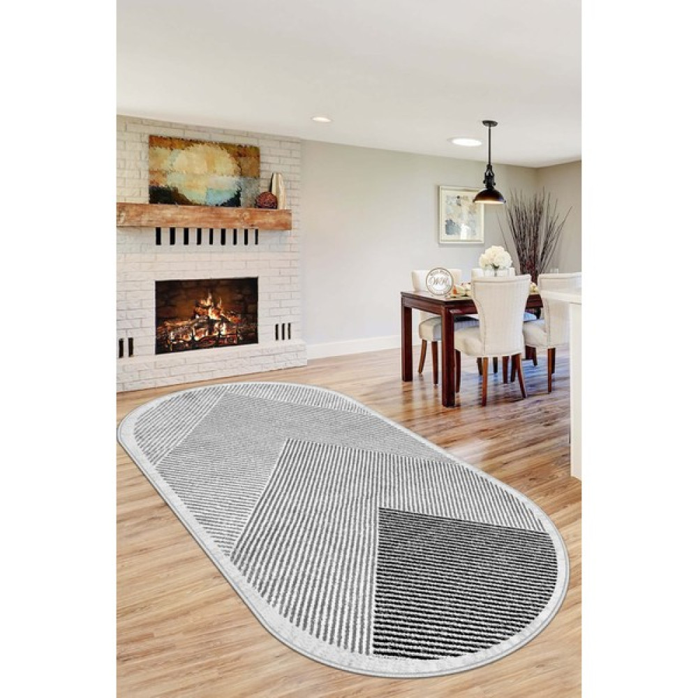 Qatalina Makinede Yıkanabilir Kaymaz Taban Leke Tutmaz Oval Salon Halısı Mutfak Halısı ve Yolluk - Siyah - Gri - 80 x 150 cm Salon Halısı Fiyatı