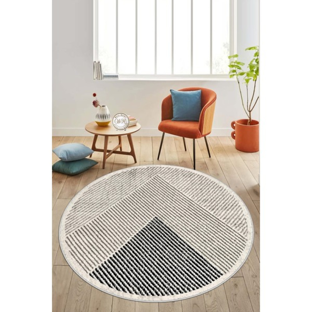 Qatalina Makinede Yıkanabilir Kaymaz Taban Leke Tutmaz Yuvarlak Salon Halısı Mutfak Halısı ve YOLLUK,QATTLVH586 - 160 x 160 cm - Bej - Siyah Salon Halısı Fiyatı
