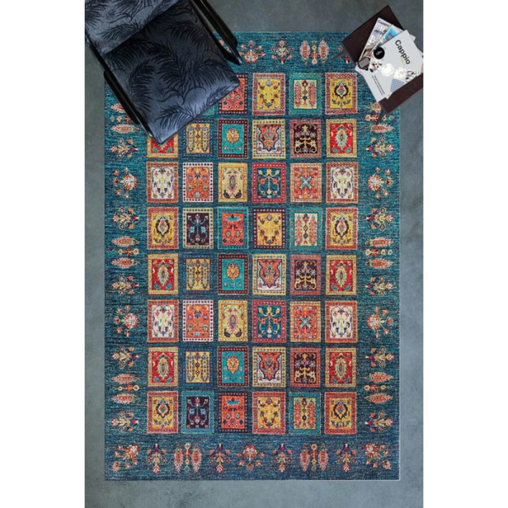 Qatalina Mavi Afgan Desenli Halı (Makinada Yıkanabilir Dot/keçe Taban) - CP649,DOT-649 - 80 x 140 cm Salon Halısı Fiyatı