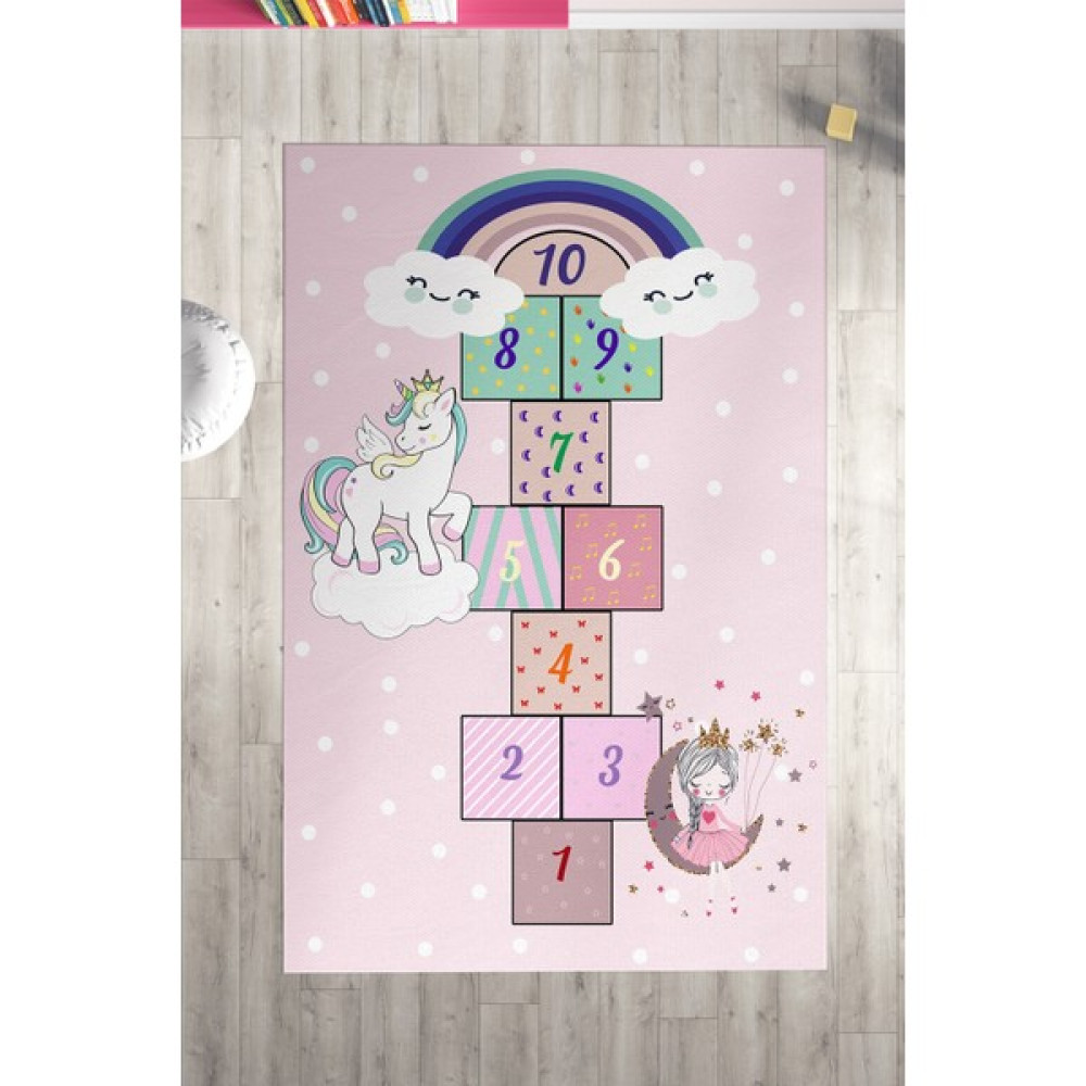 Qatalina Unicorn'lu Prenses'li Desenli Çocuk ve Bebek Odası Halısı TLAH-281 - Pembe - 80 x 150 cm Bebek Odası Halı Fiyatı