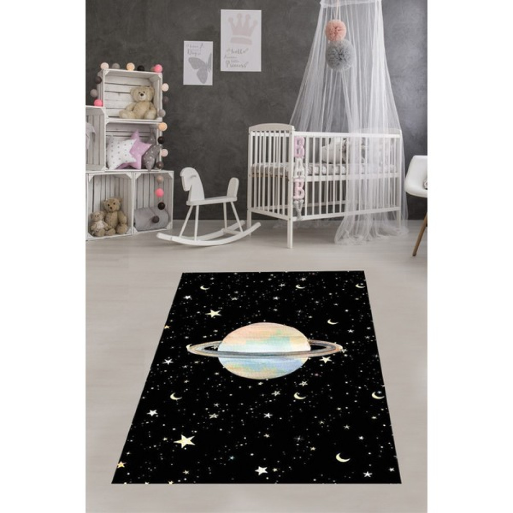 Qatalina Uzay Gezegen Satürn Desenli Yıldızlı Dijital Baskı Yıkanabilir Kaymaz Taban Çocuk Odası Halısı - Siyah - 60 x 120 cm Bebek Odası Halı Fiyatı