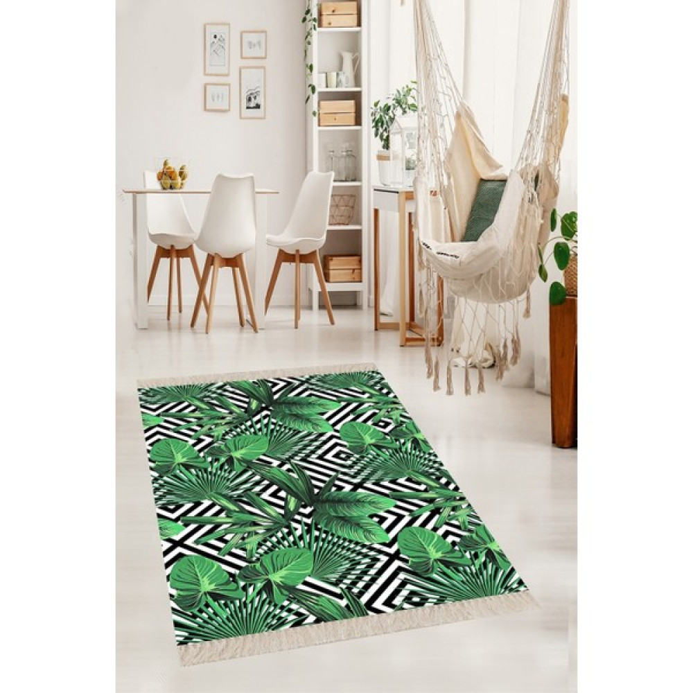 Qatalina Yeşil Yaprak Desenli Dijital Baskı Yıkanabilir Tropikal Desenli Modern Salon Halısı - 80 x 150 cm Salon Halısı Fiyatı