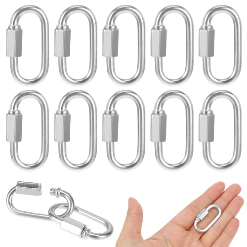 Qianyu 10 Pack 1/8 Inch Chain Quick Links Heavy Duty D Shape Chain Hooks Durable Twist Key Ring Screw Connector Locking Carabiner Fasteners for Camping Hammock Sports Trailer Equipment
