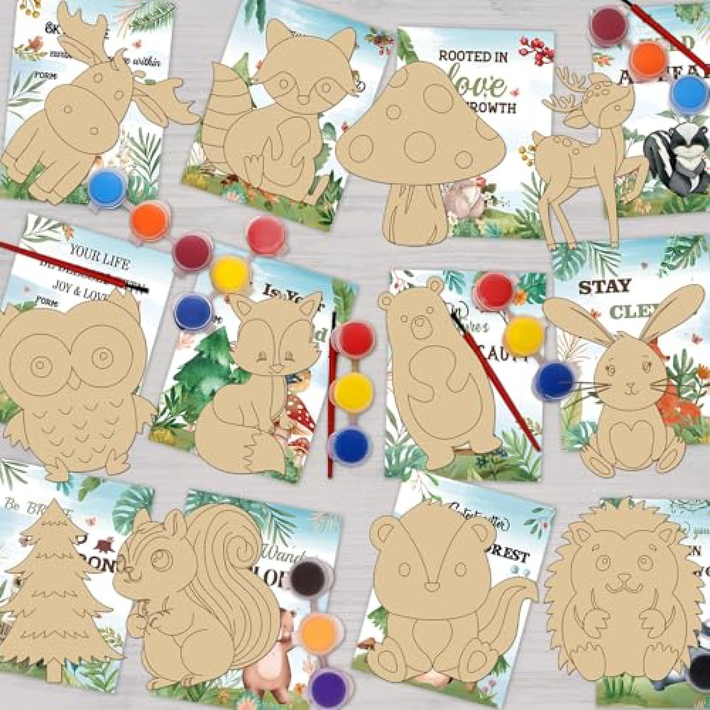 QICI 24 PCS Woodland Animals Cards with Art Supplies - Woodland Animals Wood Painting Craft Kits - Kids Christmas Birthday Boys Girls Gifts Bulk - Woodland Animals Party Favors