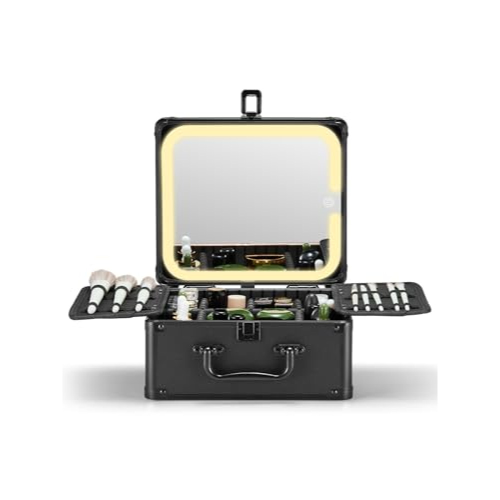 Qislee Makeup Box with A Detachable Lighted Mirror, Waterproof Travel Train Case, Cosmetic Organizer and Makeup Suitcase with Adjustable Dividers, Magnetic LED Mirror (Black)