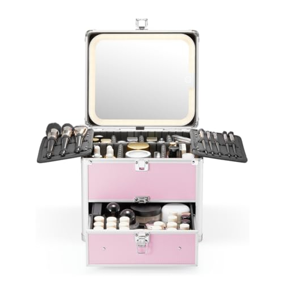 Qislee Makeup Box with Drawer and A Detachable Lighted Mirror, Waterproof Travel Train Case, Cosmetic Organizer and Makeup Suitcase with Adjustable Dividers, Magnetic LED Mirror (Icy Pink)