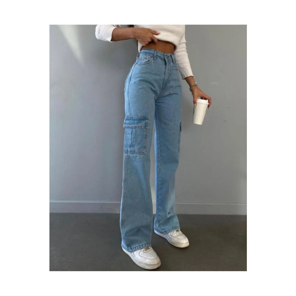 QİSSO Kadın Açık Mavi Kargo Bol Paça Buggy Kot Pantolon Kargo Cepli Street Jean 22 Beden Bayan Jeans / Kot Pantolon Fiyatı