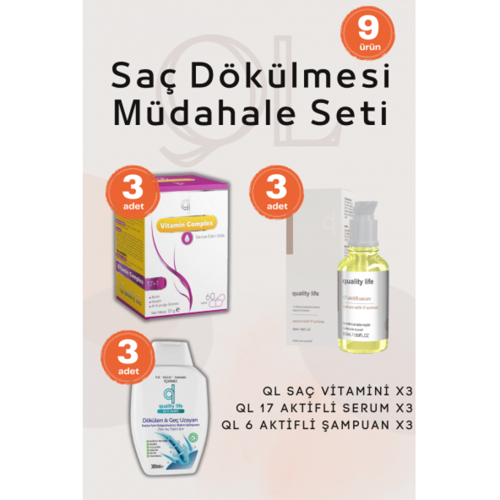 Ql Sac Dokulmesi Mudahale Seti ( 3 Sac Vitamini - 3 Sac Serumu - 3 Sampuan) Saç Dökülmesine Karşı Ürünler Fiyatı