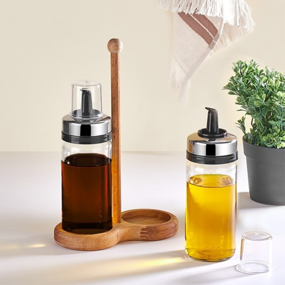 Qlux Yağlık & Sirkelik Set Özel Tasarım / Mutfak Ahsap Stand 2 Li Damlatmaz Cam Akılllı Yağlık Sirkelik - Şeffaf - 240 ml Mutfak Gereçleri Fiyatı