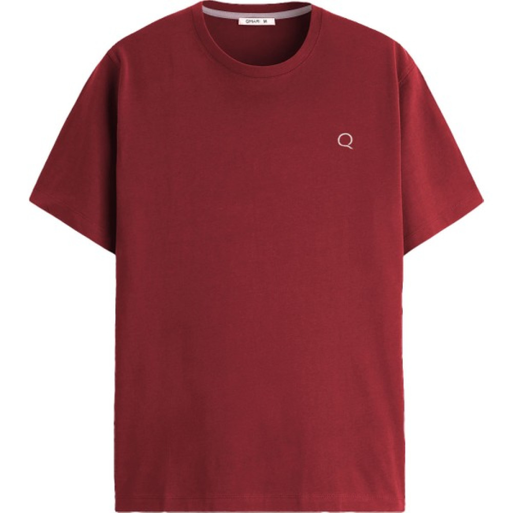 Qmari Bordo Oversize Tişört Erkek Basic Bisiklet Yaka | Düz Pamuklu Tshirt | Beyaz Nakişli Q Logo TRF6001 Erkek T-shirt Fiyatı