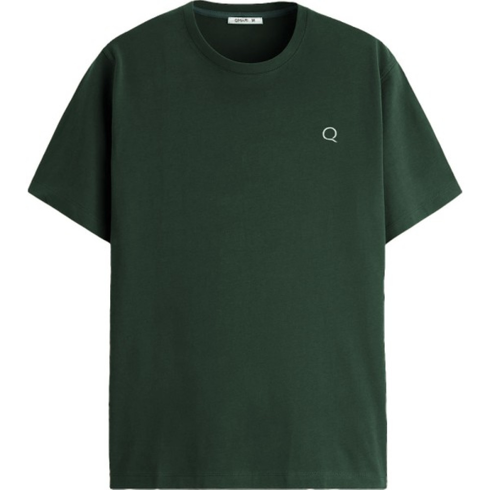 Qmari Haki Yeşil Oversize Tişört Erkek Basic Bisiklet Yaka | Düz Pamuklu Tshirt | Beyaz Nakişli Q Logo TRF6001 Erkek T-shirt Fiyatı