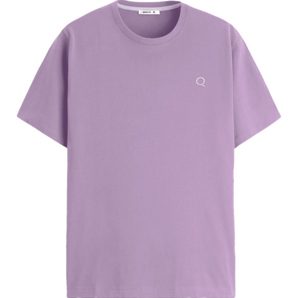 Qmari Lila Oversize Tişört Erkek Basic Bisiklet Yaka | Düz Pamuklu Tshirt | Beyaz Nakişli Q Logo TRF6001 Erkek T-shirt Fiyatı