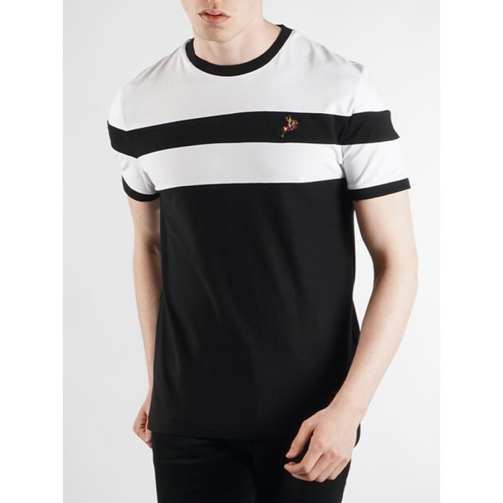 Qmari Siyah-Beyaz Renk Bloklu Çekmeyen Pike Dokulu T-Shirt | Erkek Regular Fit Bisiklet Yaka Tişört | Kolu Lastikli | Nakişli At Logo QTBR0001 Erkek T-shirt Fiyatı