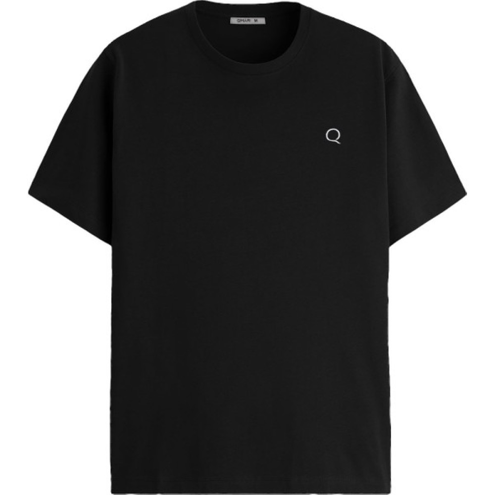 Qmari Siyah Oversize Tişört Erkek Basic Bisiklet Yaka | Düz Pamuklu Tshirt | Beyaz Nakişli Q Logo TRF6001 Erkek T-shirt Fiyatı