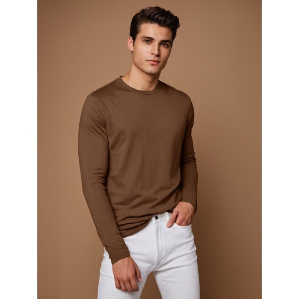 Qmari Uzun Kollu Erkek Tişört Basic Bisiklet Yaka Coffee Kahve Rengi T-Shirt | Oval Kesim Regular Fit Lıkrali TBL5001 Erkek T-shirt Fiyatı