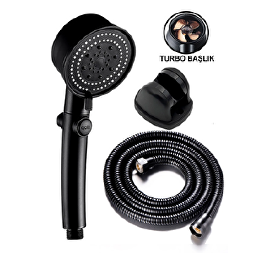 Qniay Siyah 3 Lü Set Basınçlı Yağmurlama Stop Düğmeli Pervaneli Su Tasarruflu Duş Banyo Turbo Duş Seti Vitrifiye Fiyatı