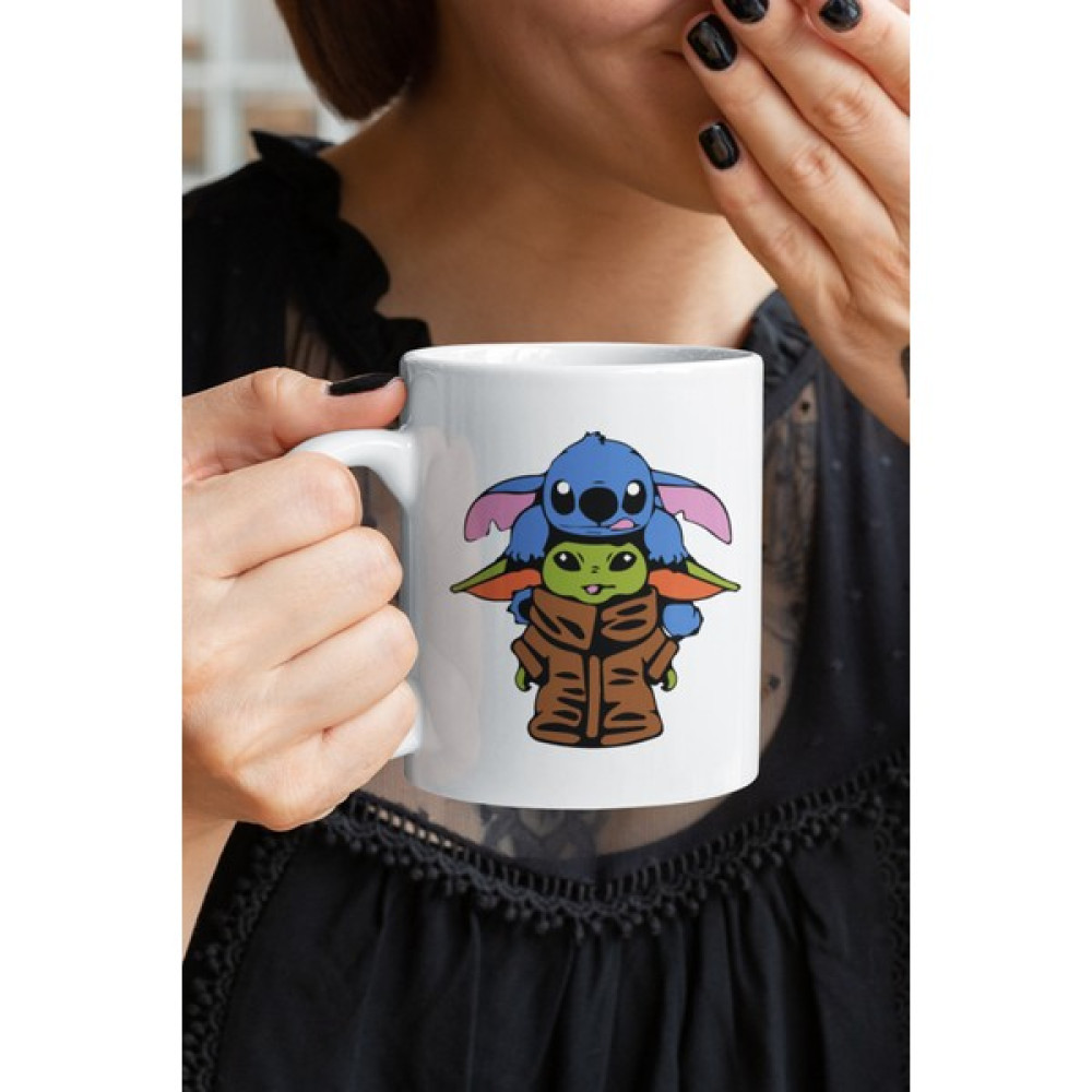 Qoeuyl Boutique Baby Yoda Stitch Baskılı Kupa Bardak - Beyaz - Turuncu Fincan / Bardak / Kahve Takımı Fiyatı