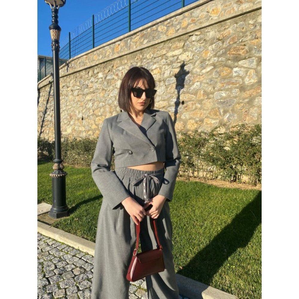 Qorsaj Kruvaze Crop Blazer Ceket-Gri Bayan Ceket Fiyatı